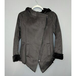 H&M Divided Jacket Womens 4 Black Hooded Faux Suede Shearling Asymetric Zip Moto